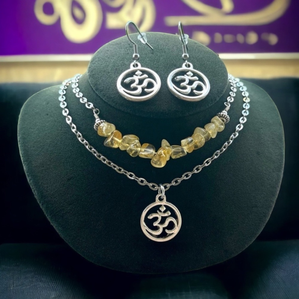 Set ! Citrine double layer necklace om sign matching earrings boho yoga zen gems